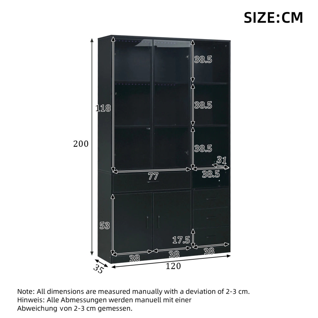 Mobile vetrina con LED e 4 cassetti, 13 vani contenitore e 2 ante in vetro, per soggiorno, 120 × 35 × 200 cm