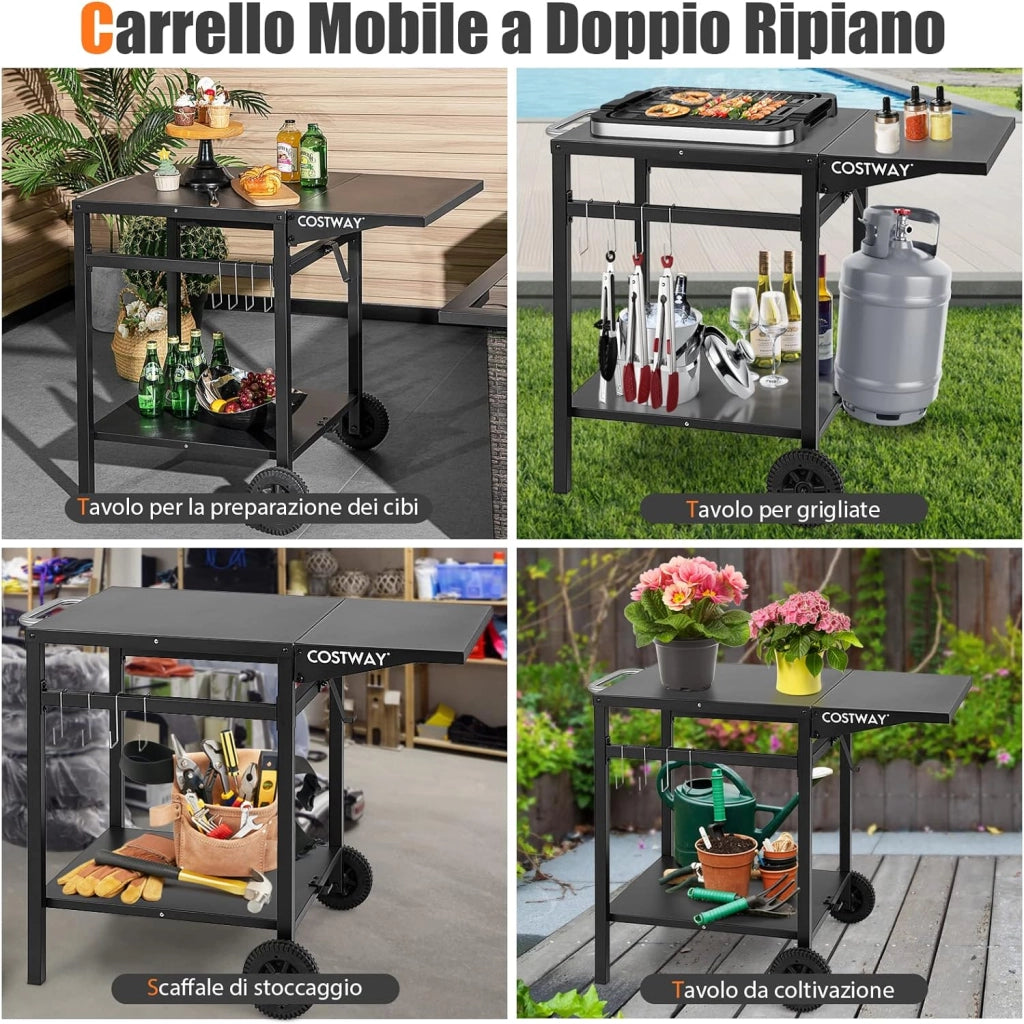 Carrello per Barbecue, Carrello di Servizio con Ruote e 4 Ganci, Pannello Laterale Pieghevole, Carrello Cucina Multiuso per Forno da Pizza, per Casa Cortile Patio e Giardino