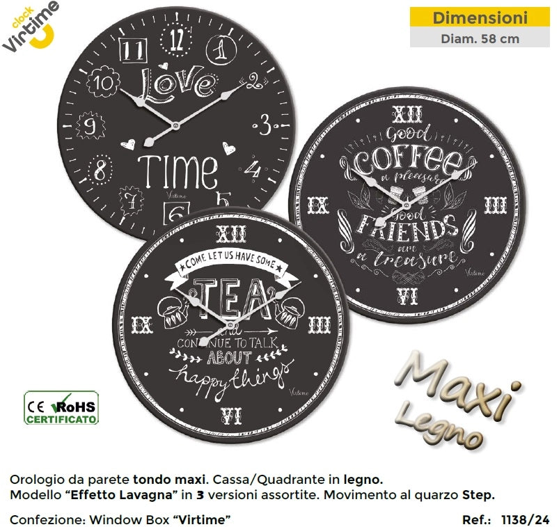 Orologio da Parete in Legno Maxi Tondo Effetto Lavagna 58 cm 3 Decori
