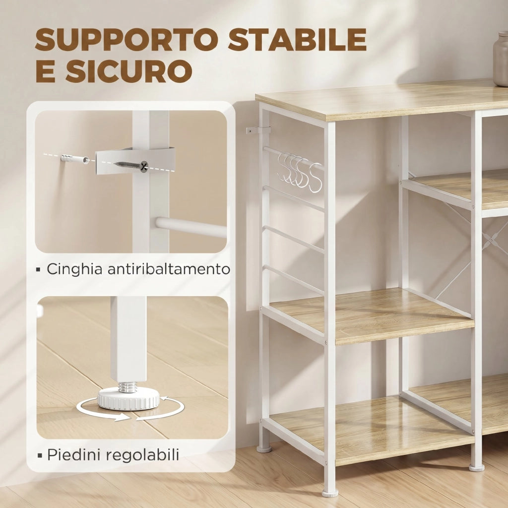 Scaffale Cucina con Ripiani in Legno e Metallo con 5 Ganci. Salvaspazio. 90x39x83.5 cm. Rovere