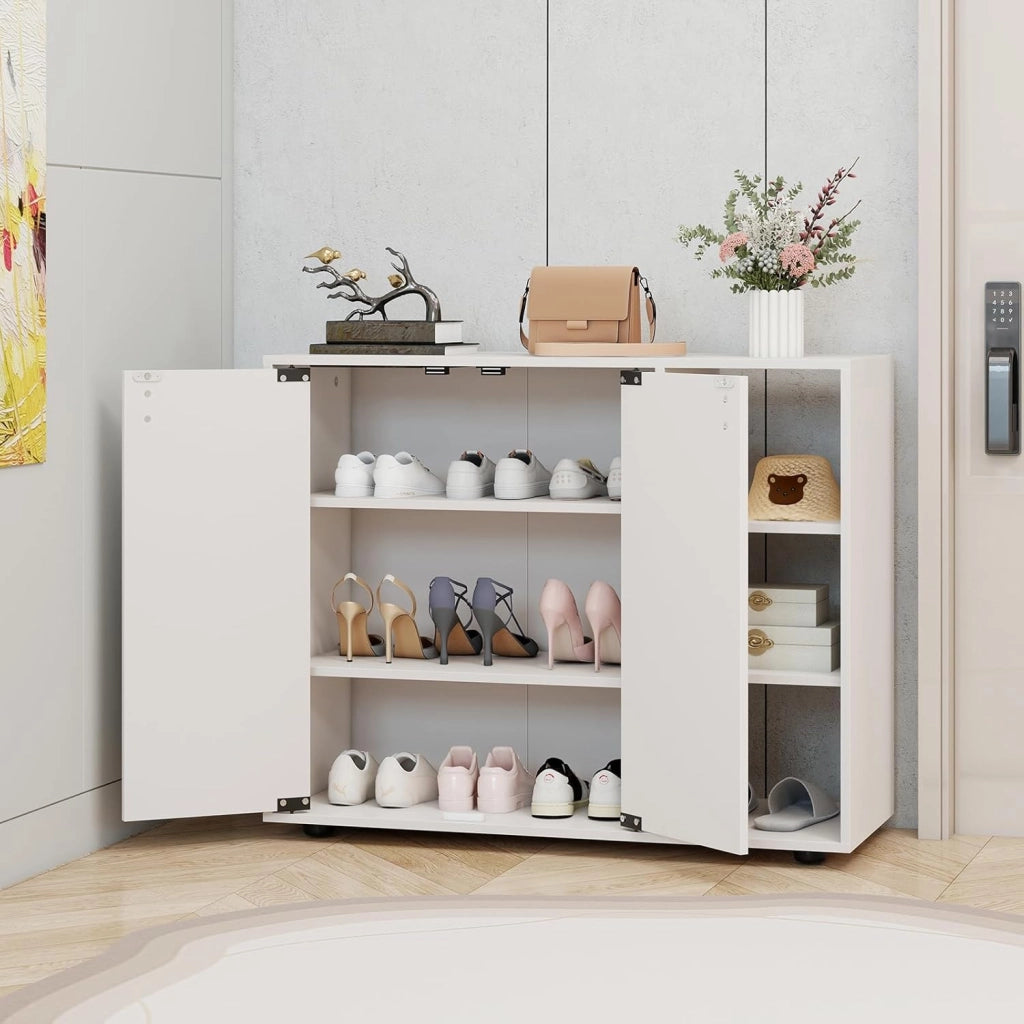 Scarpiera a 3 ripiani con 2 ante e 3 scomparti aperti con ripiani rimovibili, cassettiera per ingresso, corridoio e soggiorno, 80 x 31 x 64,5 cm (bianco)