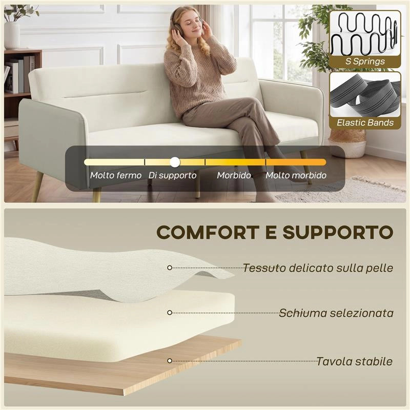 DIVANO LETTO 3 POSTI CON SCHIENALE RECLINABILE E RIVESTIMENTO EFFETTO VELLUTO, 185X84X83 CM, BEIGE