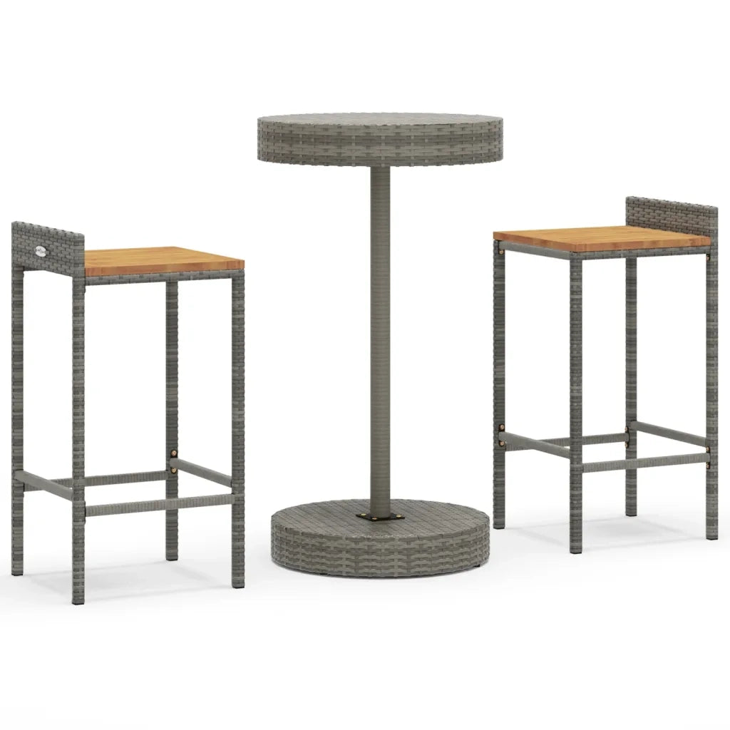 Set Bar Giardino 3pz | Set Salotto da Giardino Grigio Polyrattan e Legno Massello Acacia
