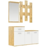 Set per Ingresso 3 in 1 con Appendiabiti a Muro, Specchio e Scarpiera con Panca in Legno