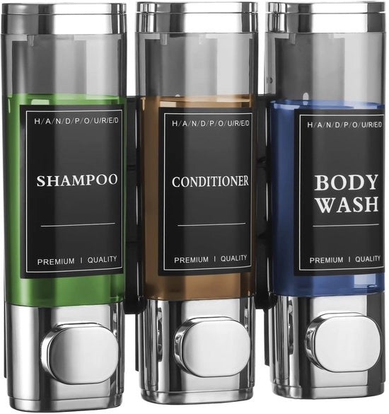 Dispensatore di sapone per bagno a muro 3 camere - Gel/condizionatore/shampoon - 300 ml x 3 - Argento - ABS - Regolazione quantitativa - Dispensatore per bagno a muro
