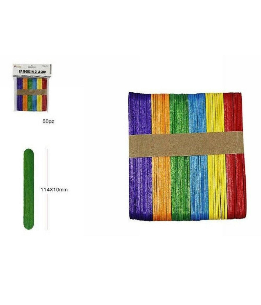 50pz Bastoncini Stecche Legno Colorati 114x10x1.2 Mm Lavoretti Bricolage 63841         