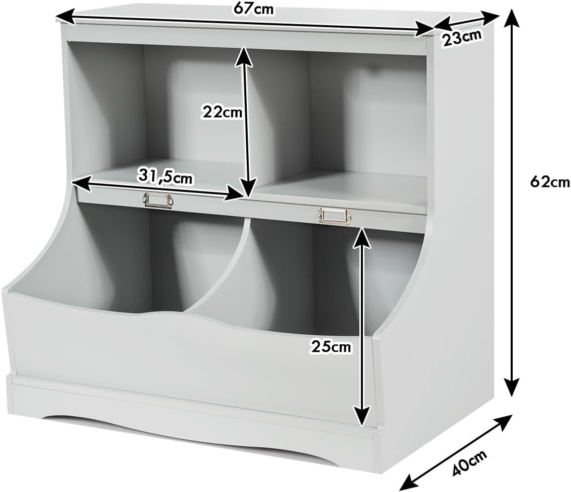 Scaffale Libreria Organizer Porta Giocattoli, con 2 Scomparti e 2 Contenitori, Libreria Multiuso con Pedana, per Camera dei Bambini (Grigio)