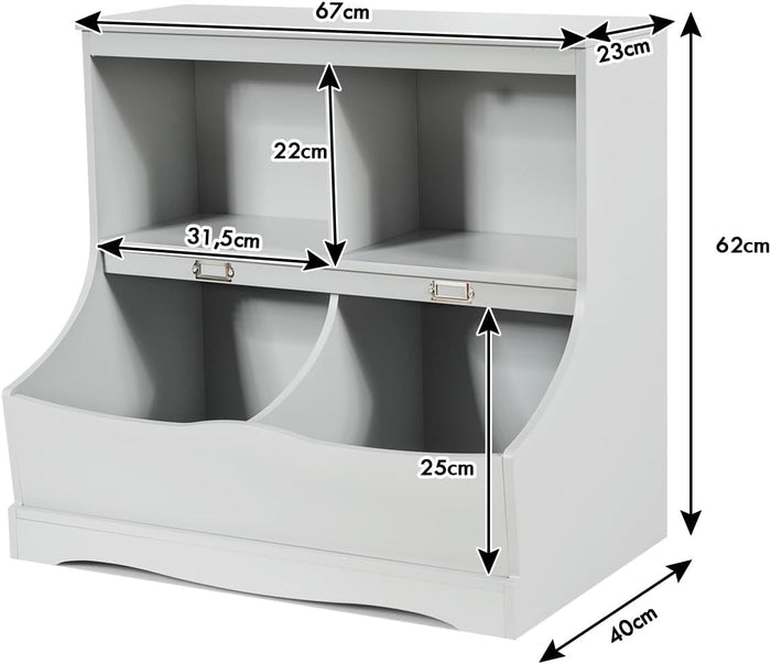 Scaffale Libreria Organizer Porta Giocattoli, con 2 Scomparti e 2 Contenitori, Libreria Multiuso con Pedana, per Camera dei Bambini (Grigio)