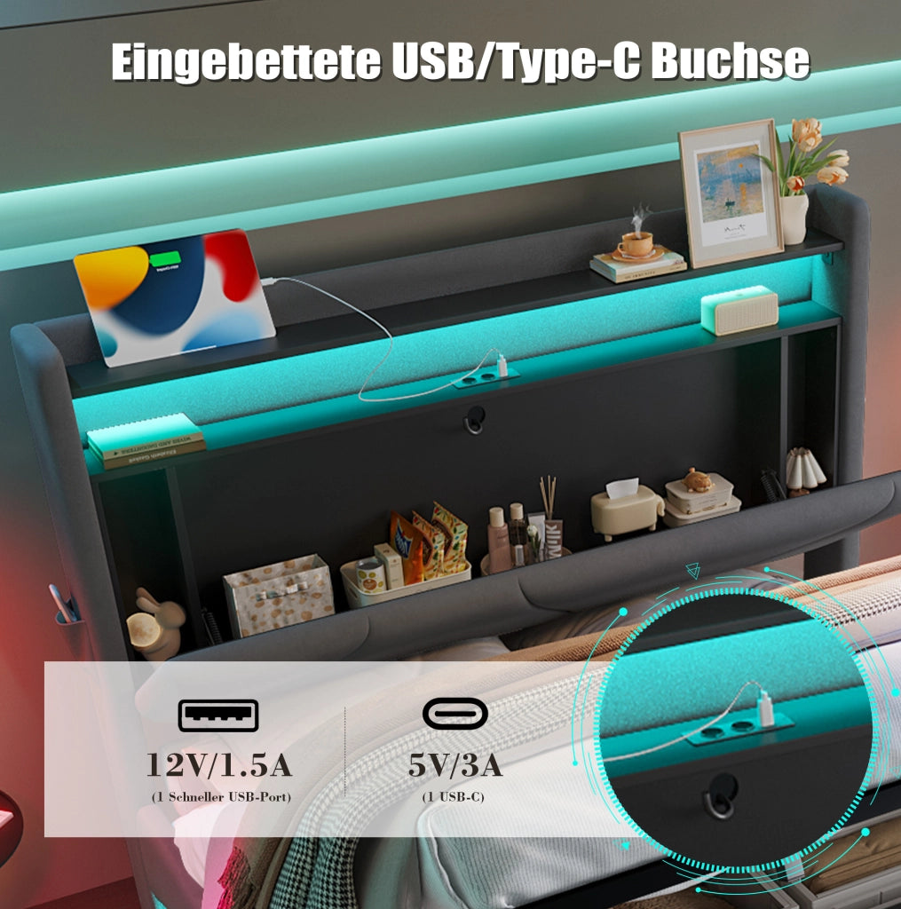 Letto imbottito 140x200 in velluto grigio scuro con LED e USB-C