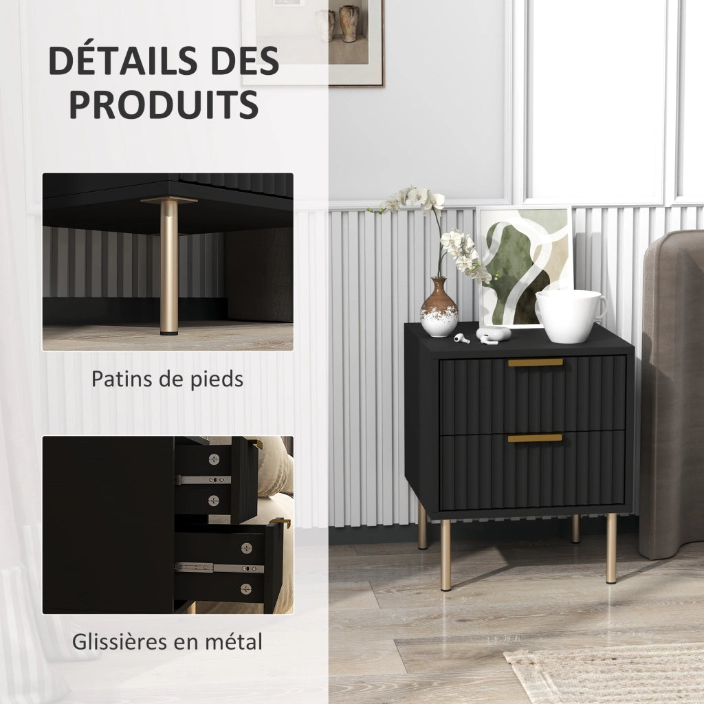Comodino con 2 cassetti ¨C Xylo ¨C nero, piedi in acciaio, design moderno