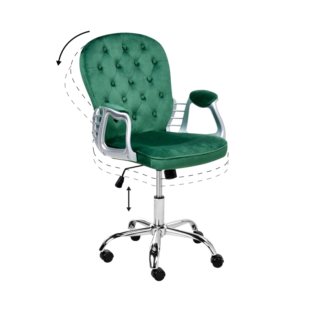Sedia da ufficio in velluto verde con altezza regolabile e schienale trapuntato stile retrò moderno