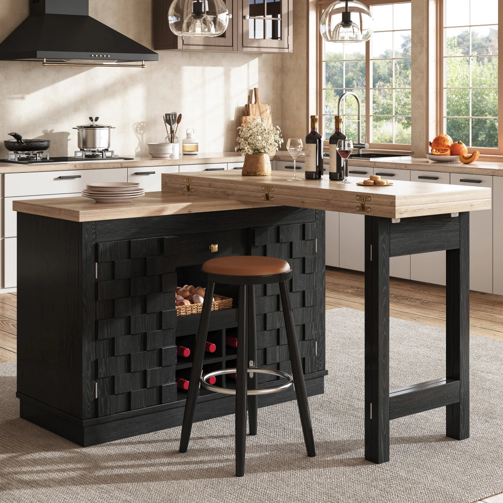 Credenza da cucina girevole a 360° con 2 piani; ante patchwork; 1 cassetto; portabottiglie estraibile; per cucina; MDF nero; 120 × 40 × 74.2 cm