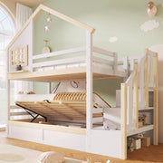 Letto a castello 90x200 cm con letto superiore a casetta; protezione e contenitore idraulico; bianco e naturale