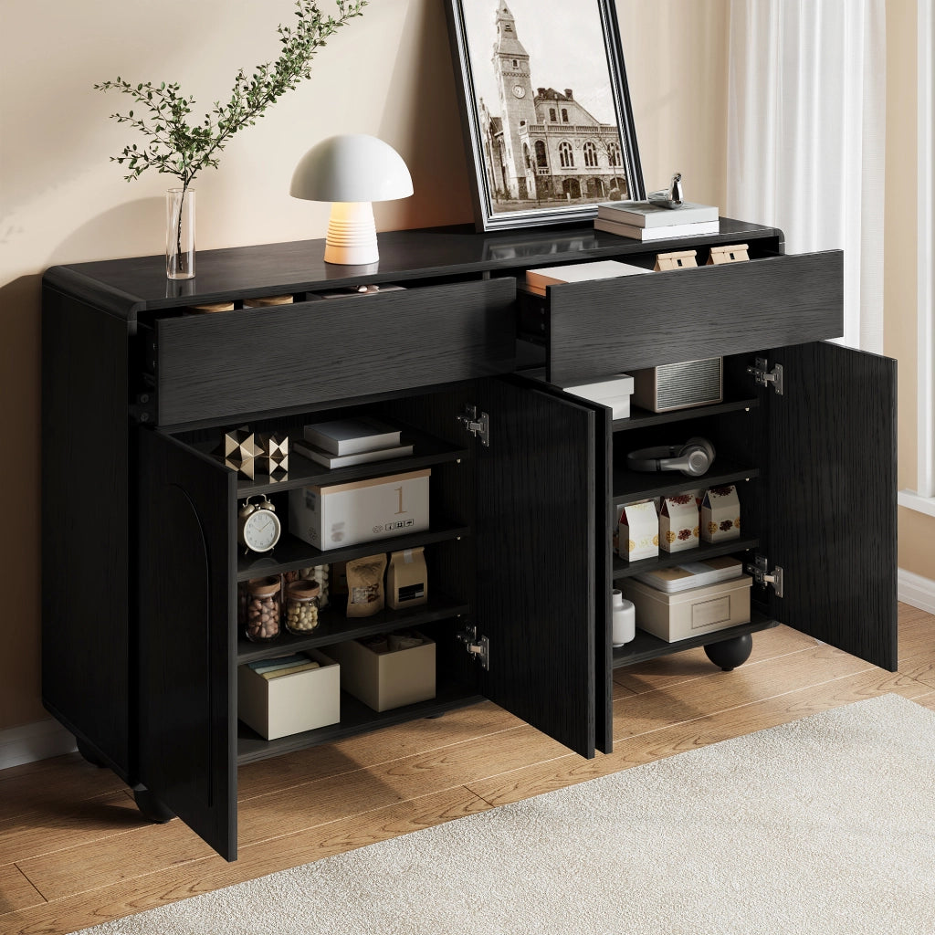 Credenza, mobile contenitore, 2 cassetti, decorazioni a rilievo ad arco, in MDF, piedini metallici rotondi, nero