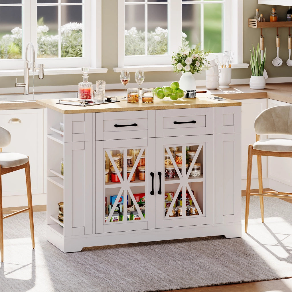 Carrello da Cucina con 2 Ante in Vetro; 1 Cassetto; 6 Ripiani Aperti; Prese e USB; Piano Pieghevole; MDF; 120 x 40 x 92 cm