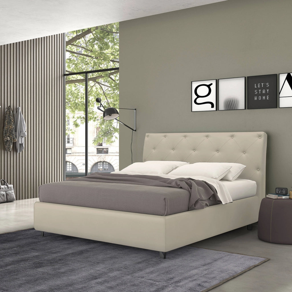 Talamo Italia Letto contenitore piazza e mezza Mozart, Made in Italy, Struttura in ecopelle imbottita, Adatto a materasso 120x190 cm, Panna