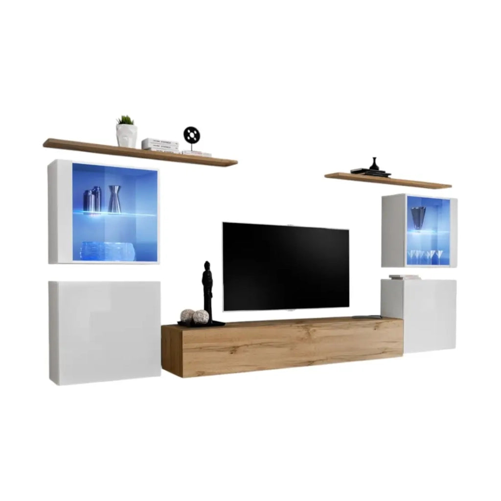 Set di mobili da parete per soggiorno SWITCH XIV design, colore quercia Wotan e bianco lucido.