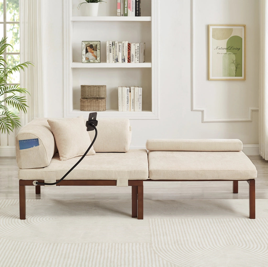 Divano letto singolo estraibile in velluto beige
