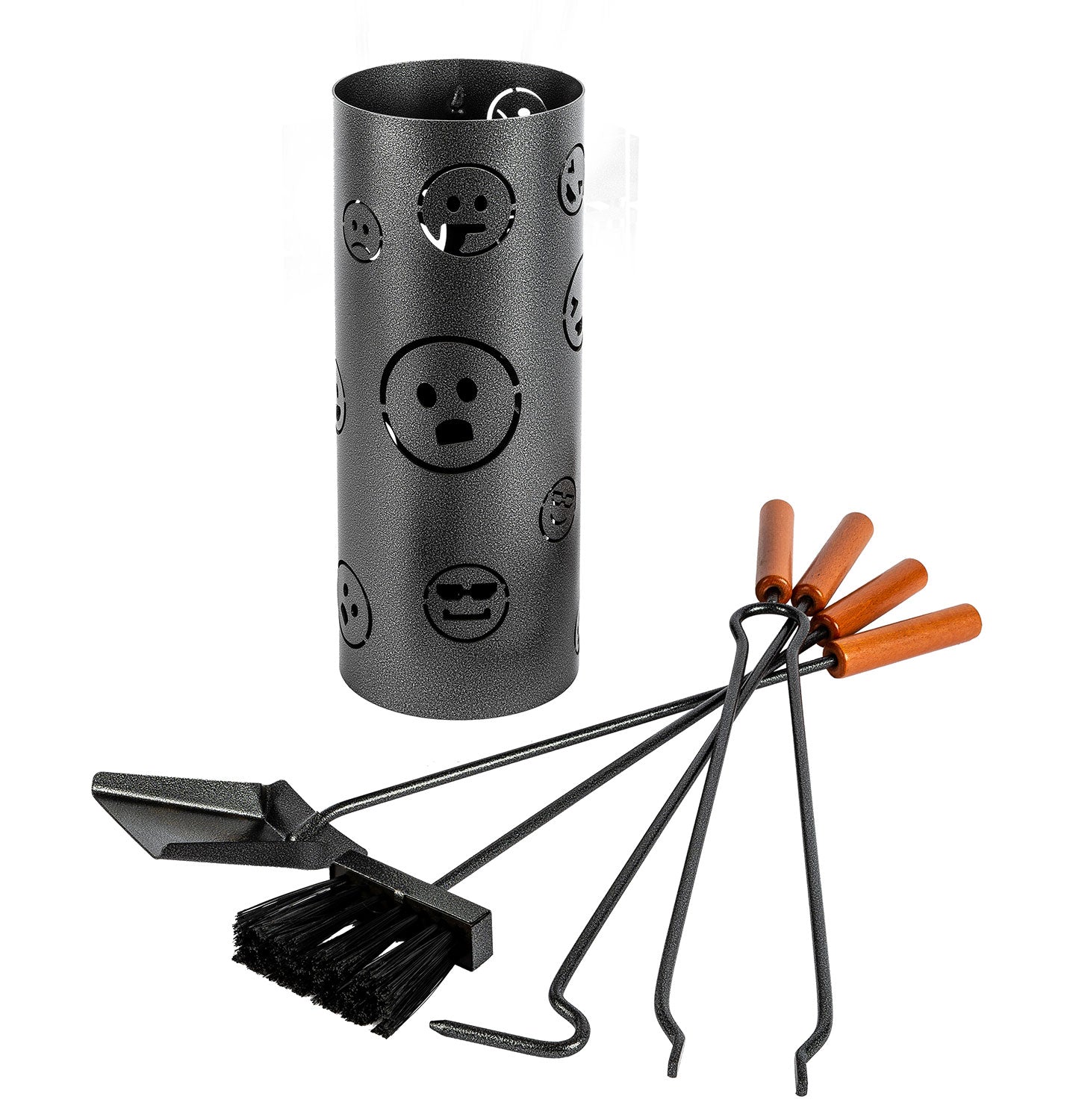 Trespolo per Attrezzi Camino Cilindrico Sagoma Faccine con Paletta Scopino Attizzino e Pinza Ø15,2x62 cm in Ferro