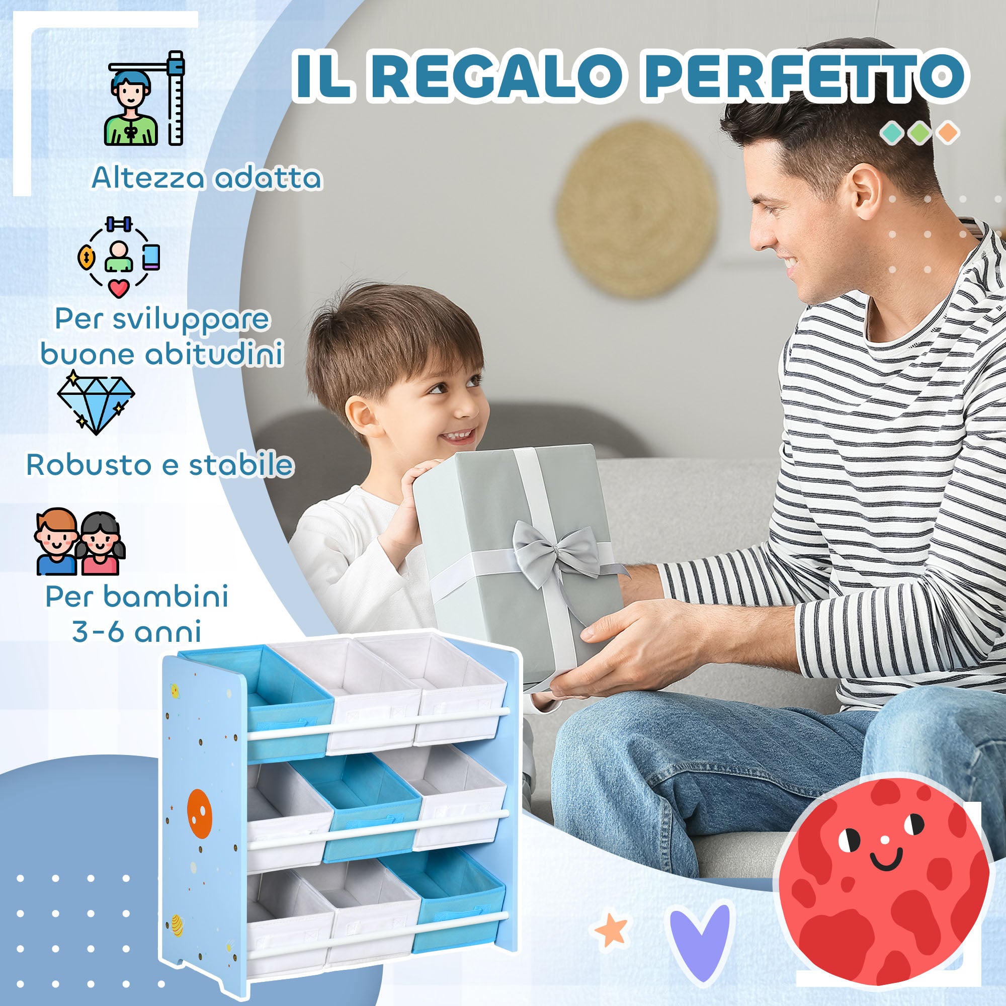 Mobiletto Portagiochi 63x30x60cm con 9 Cestini Rimovibili in MDF e Tessuto Azzurro