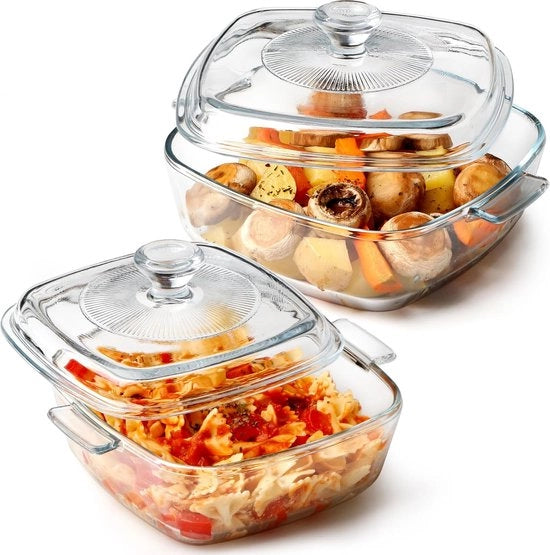 Braadpan in vetro con coperchio, braadpan in vetro, resistente al forno, braadpan in vetro (quadrato 0,8 l + quadrato 1,2 l)