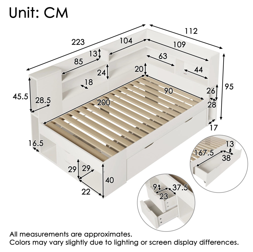 Letto singolo 90x200 cm bianco con materasso, LED, USB e cassetti