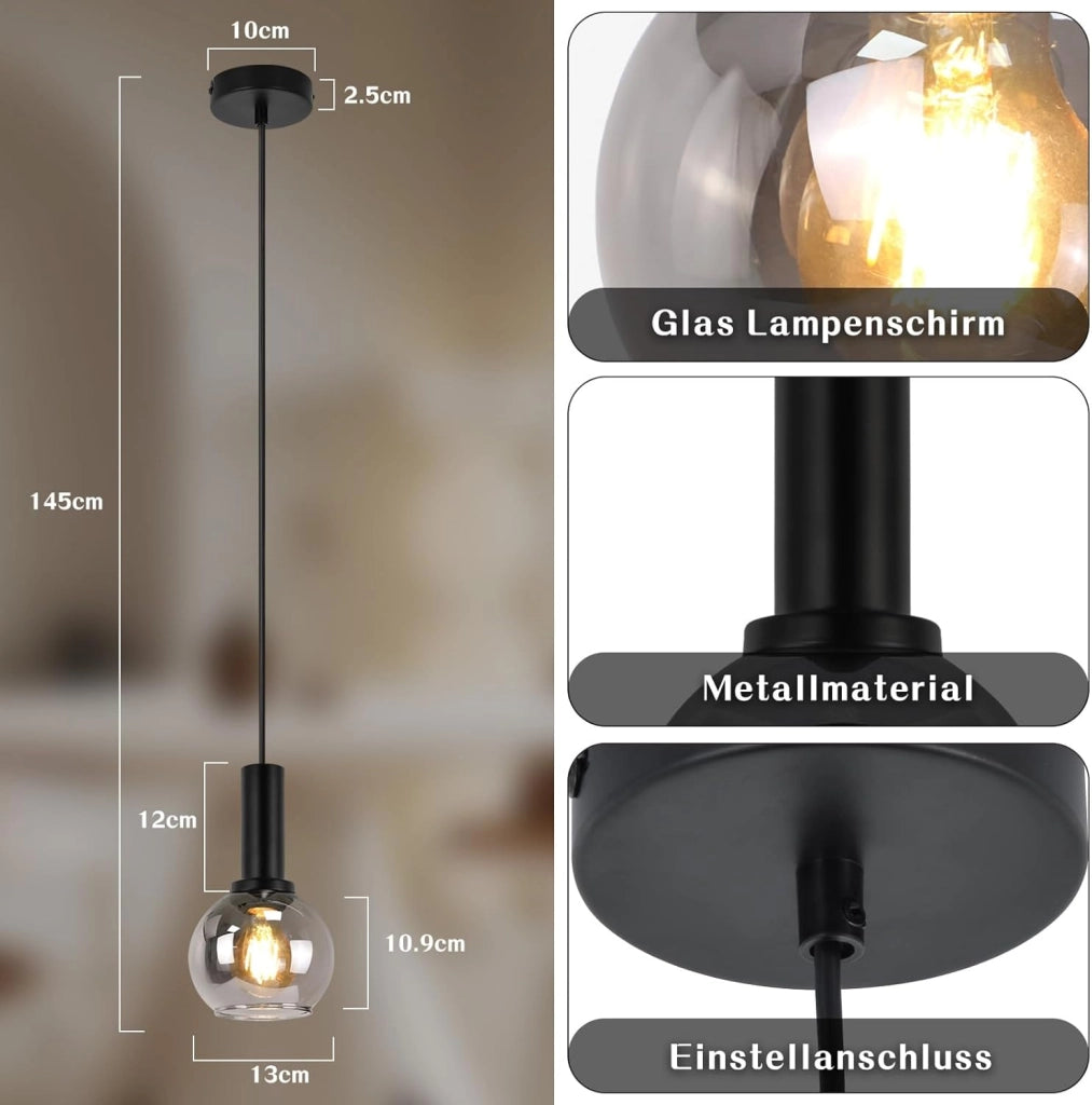 Lampada a sospensione ZMH per sala da pranzo 1 fiamma nera E27 vintage per soggiorno