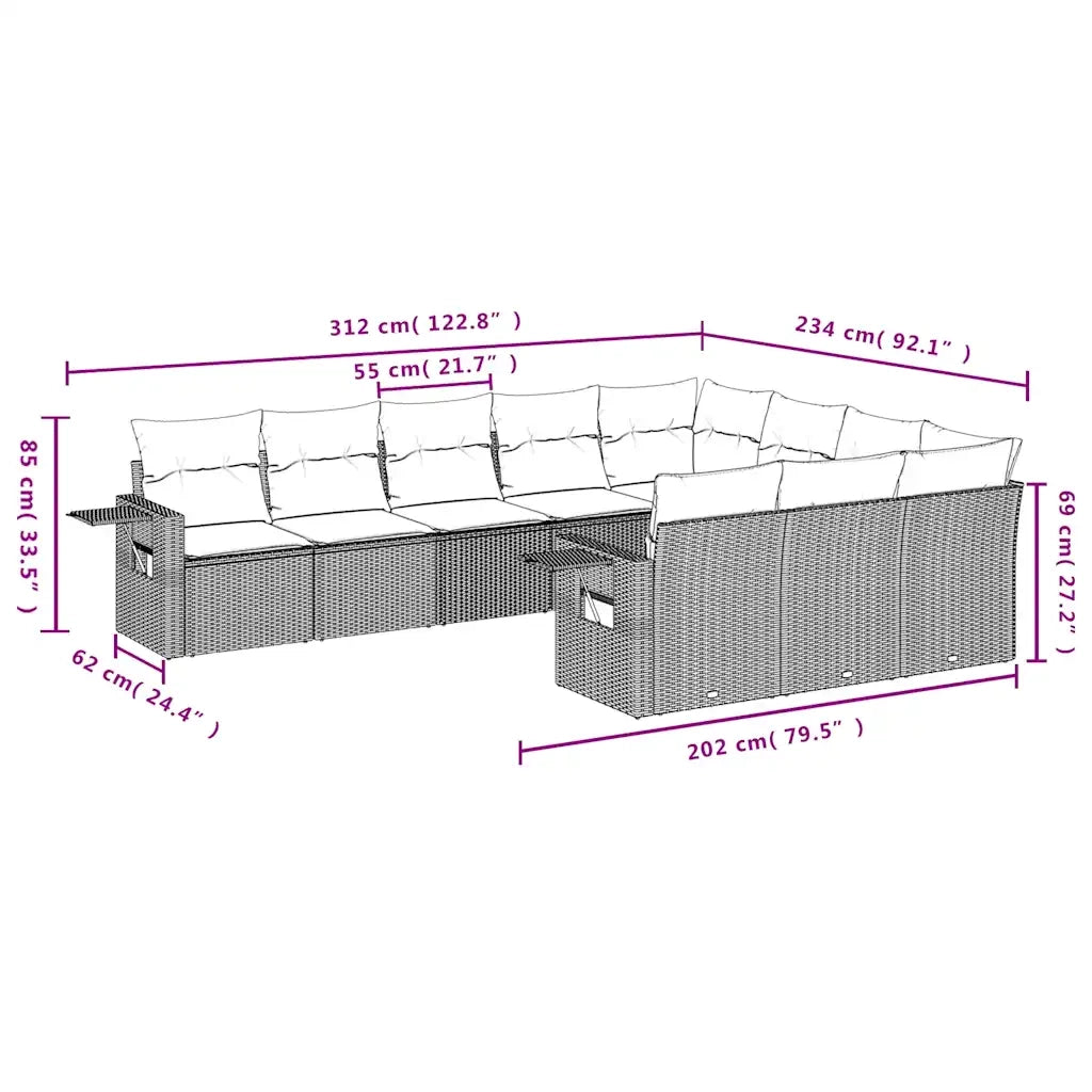 Set Divano Giardino 10 pz con Cuscini Grigio Chiaro Polyrattan