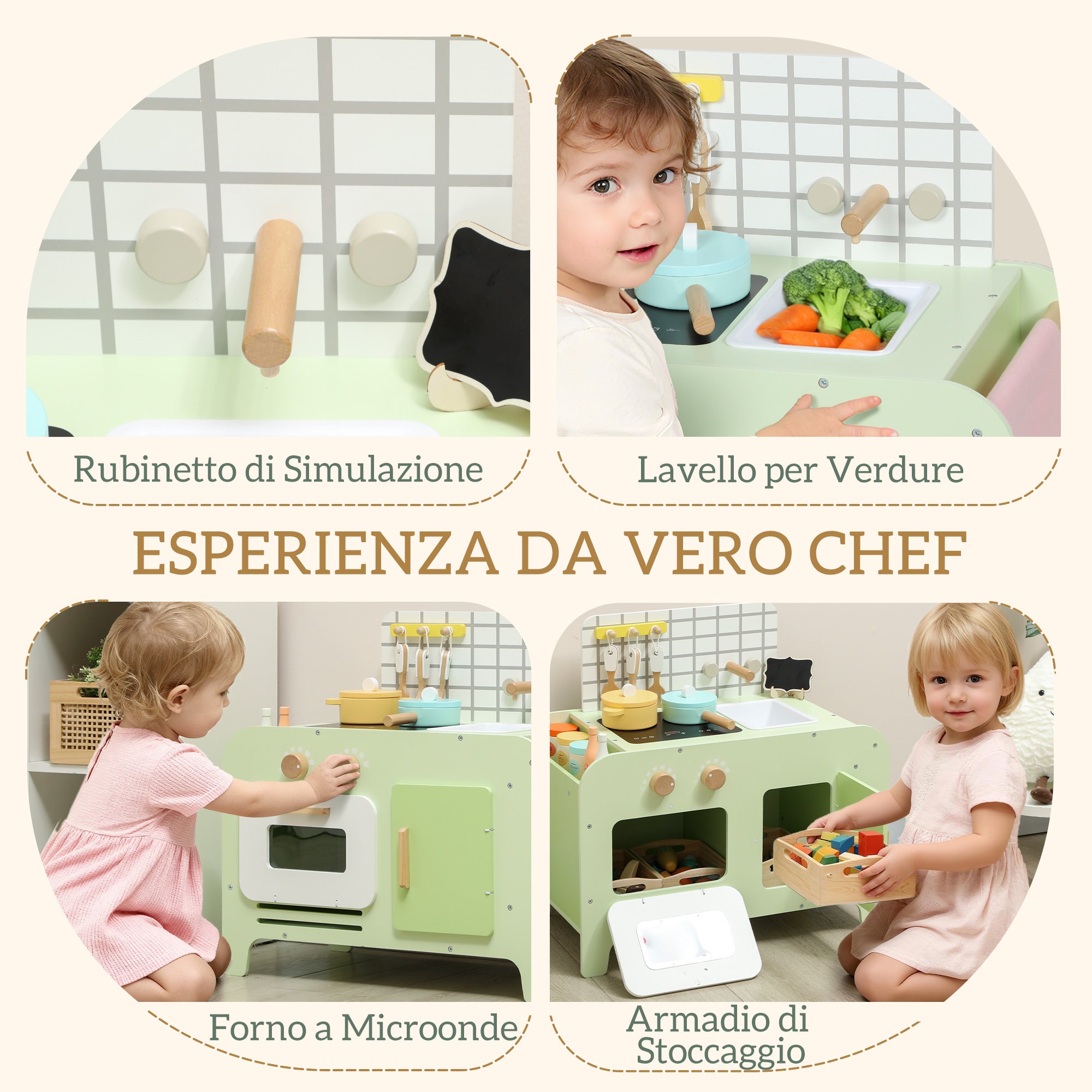 Set Cucina Giocattolo per Bambini da 3+ Anni con 15 Accessori in Legno Verde