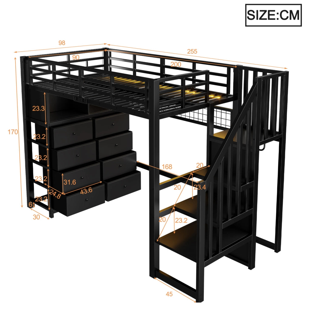 LETTO A SOPPALCO 90x200 cm con 8 Cassetti e LED Nero
