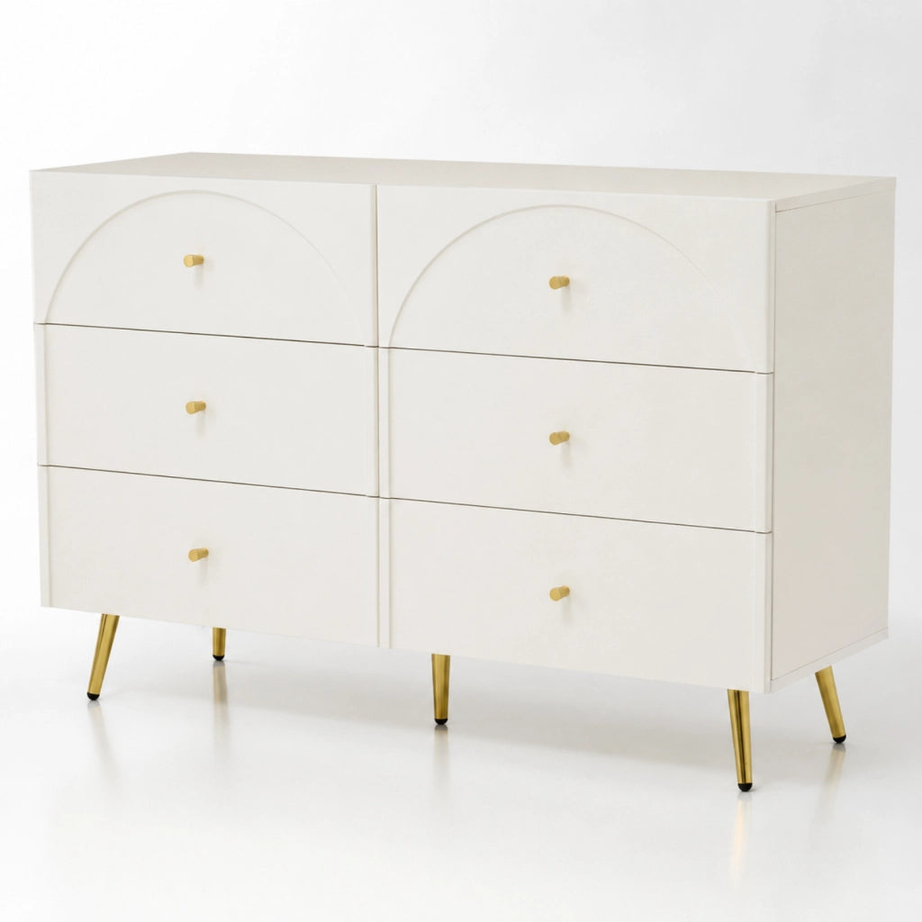 Cassettiera Capiente Con 6 Cassetti Mobile Design Moderno Minimal Per Camera Da Letto Ingresso Cameretta E Stanza Ospiti Dotata Di Piedini E Dettagli Oro 120 X 40 X 85 Cm Bianco