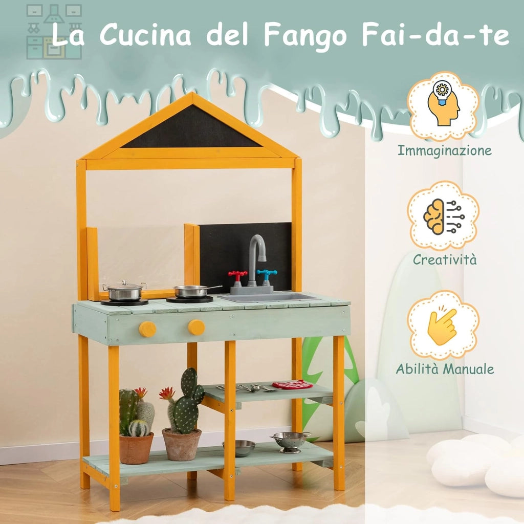 Cucina Giocattolo per Giardino con Vaso da Piantinaggio Trasparente, Rubinetto e Lavandino Rimovibile, Cucina in Legno di Abete per Bambini, Set Cucina con 8 Accessori (Verde e Arancio)