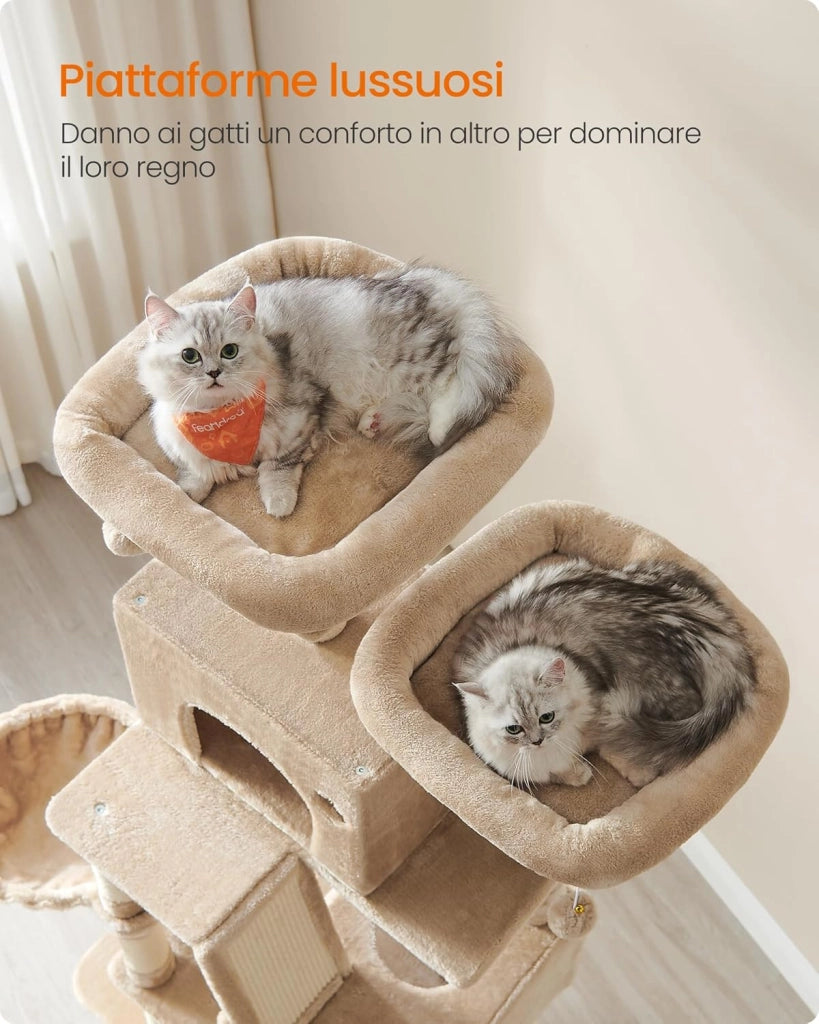 Feandrea Albero per Gatti, Alto 206 cm, Tiragraffi per Gatti Adulti, XXL, con 13 Graffiatoi, 2 Posatoi, 2 Grotte, Cesto, Pompon, in Peluche a Più Livelli per Interno, Marrone Cammello PCT190K01