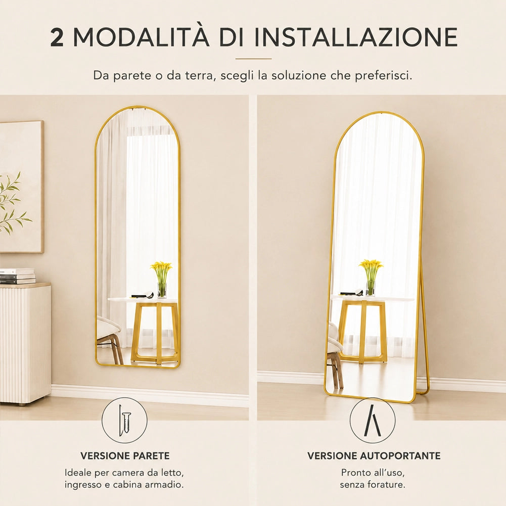 Specchio ad Arco da Terra e Parete Oro Decorazione Design Moderno 155x45 cm