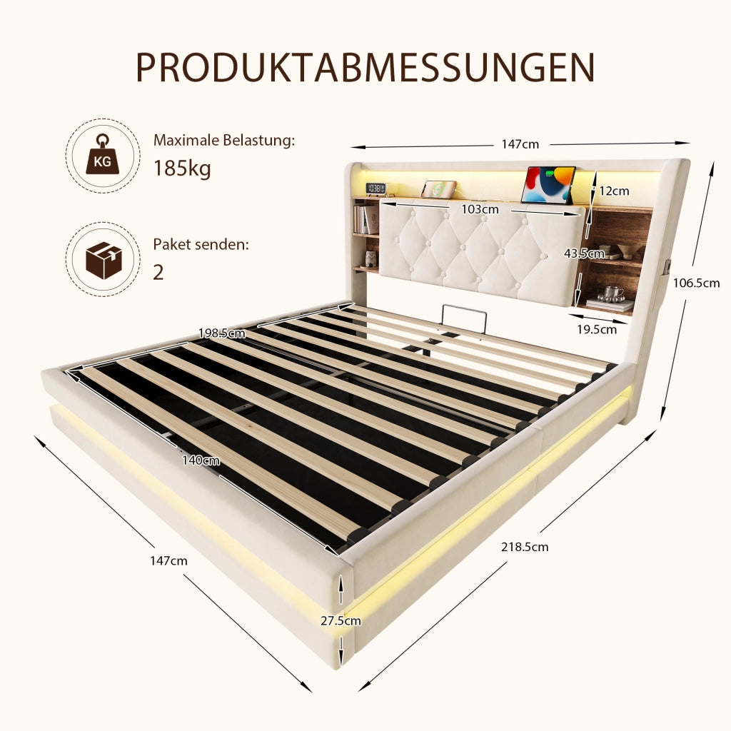 LETTO contenitore 140x200 cm in velluto beige con testiera multifunzione