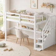 Letto a soppalco ULEVR 90x200 cm con scrivania, cassetti contenitore e scala con vano, bianco