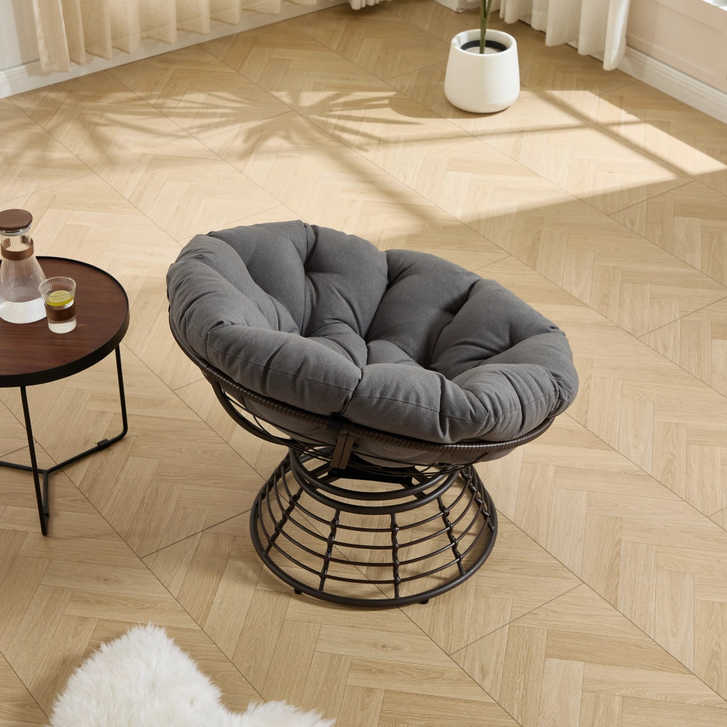 Chaise ergonomique ergonomique Papasan Papasan chaise int¨¦rieure pivotante ¨¤ 360¡ã en rotin ext¨¦rieur avec coussin ¨¦pais et souple id¨¦ale pour le salon la chambre la salle de lecture cadre marron avec coussin gris