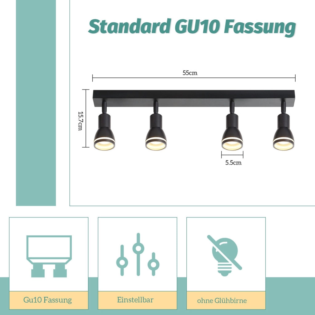 ZMH Faretto da soffitto neri 4 luci GU10 metallo orientabili per cucina ufficio soggiorno camera letto senza lampadina