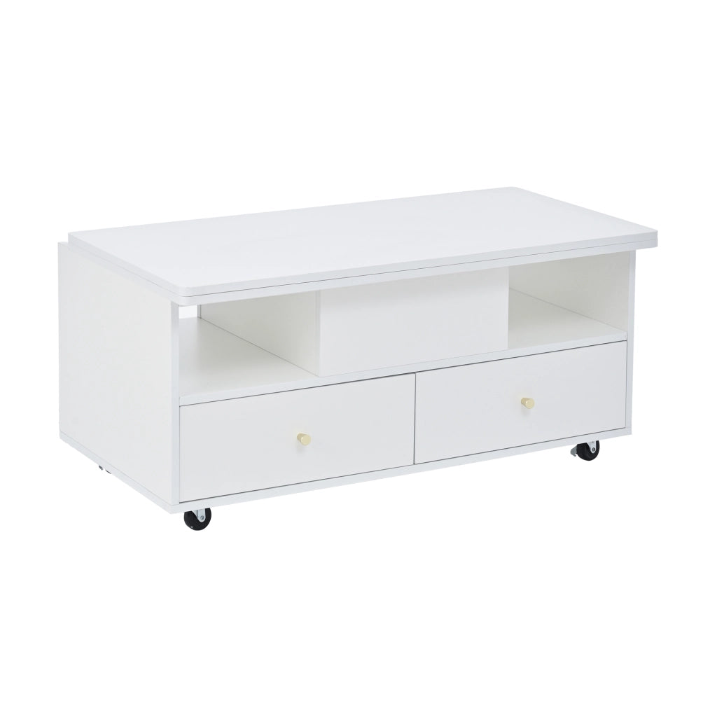 Tavolino Da Salotto Sollevabile con 4 Cassetti e Piano Ribaltabile; Idraulico; Stile Moderno; in MDF; 100×50×47;5 cm; Bianco