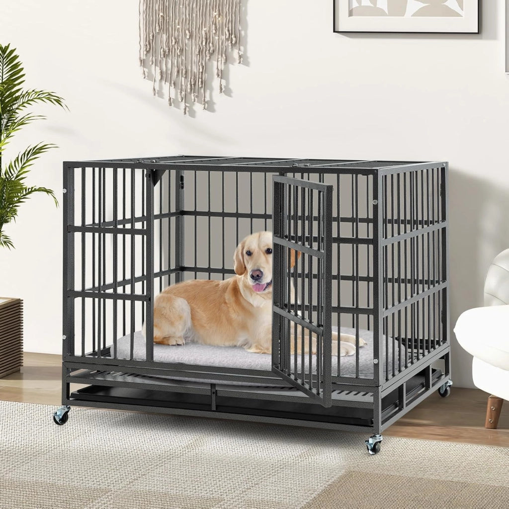 Gabbia per Cani in Metallo Pieghevole, Gabbia per Cani Anti-masticazione con Ruote, Vassoio Rimovibile e 2 Porte, Gabbia da Interno ed Esterno per Cani Media e Grande (120 x 76 x 90 cm)