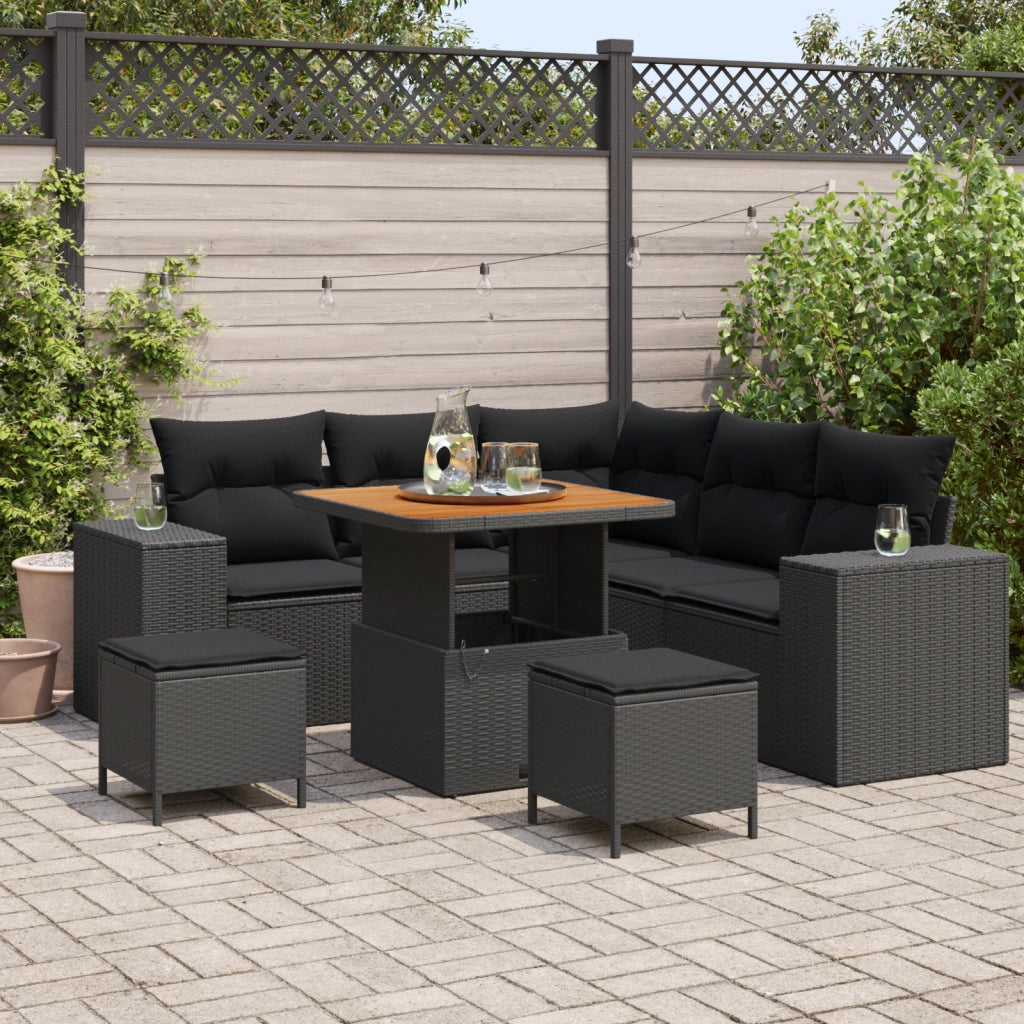 Set di Divani da Giardino  in 8 Pezzi con Cuscini Nero Rattan Polietilene Acacia