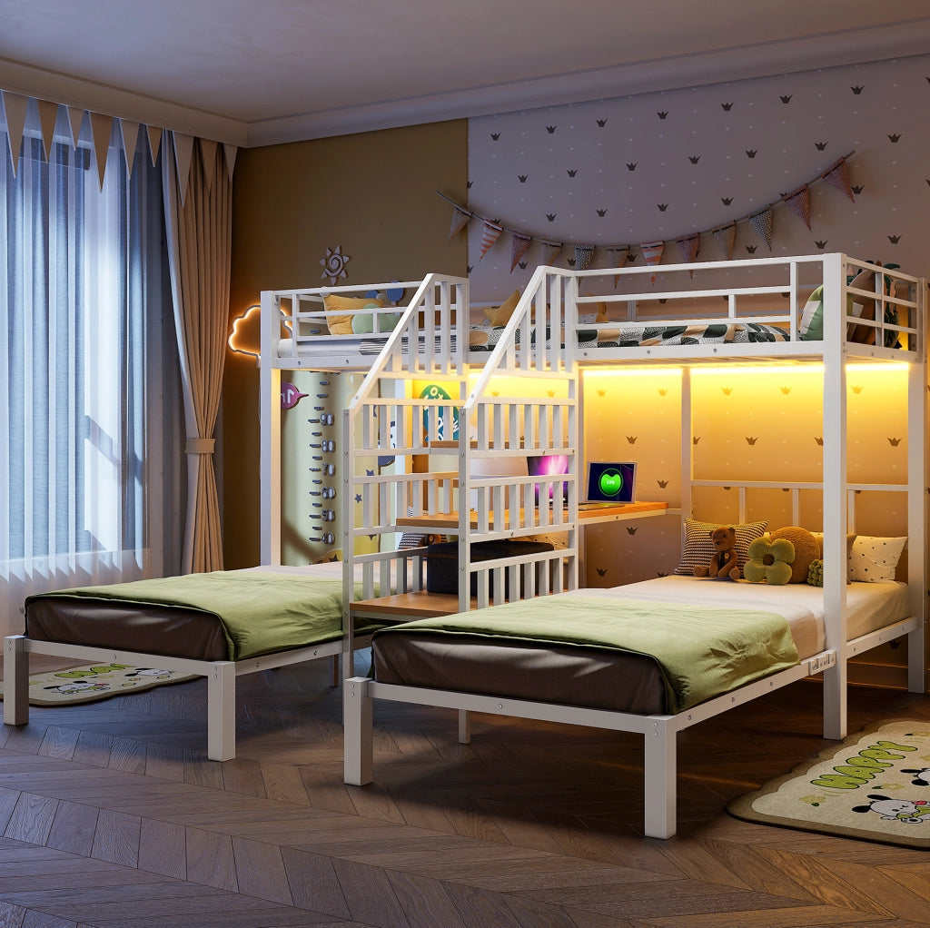 Letto a castello triplo 90x200 cm con LED, USB e scrivania