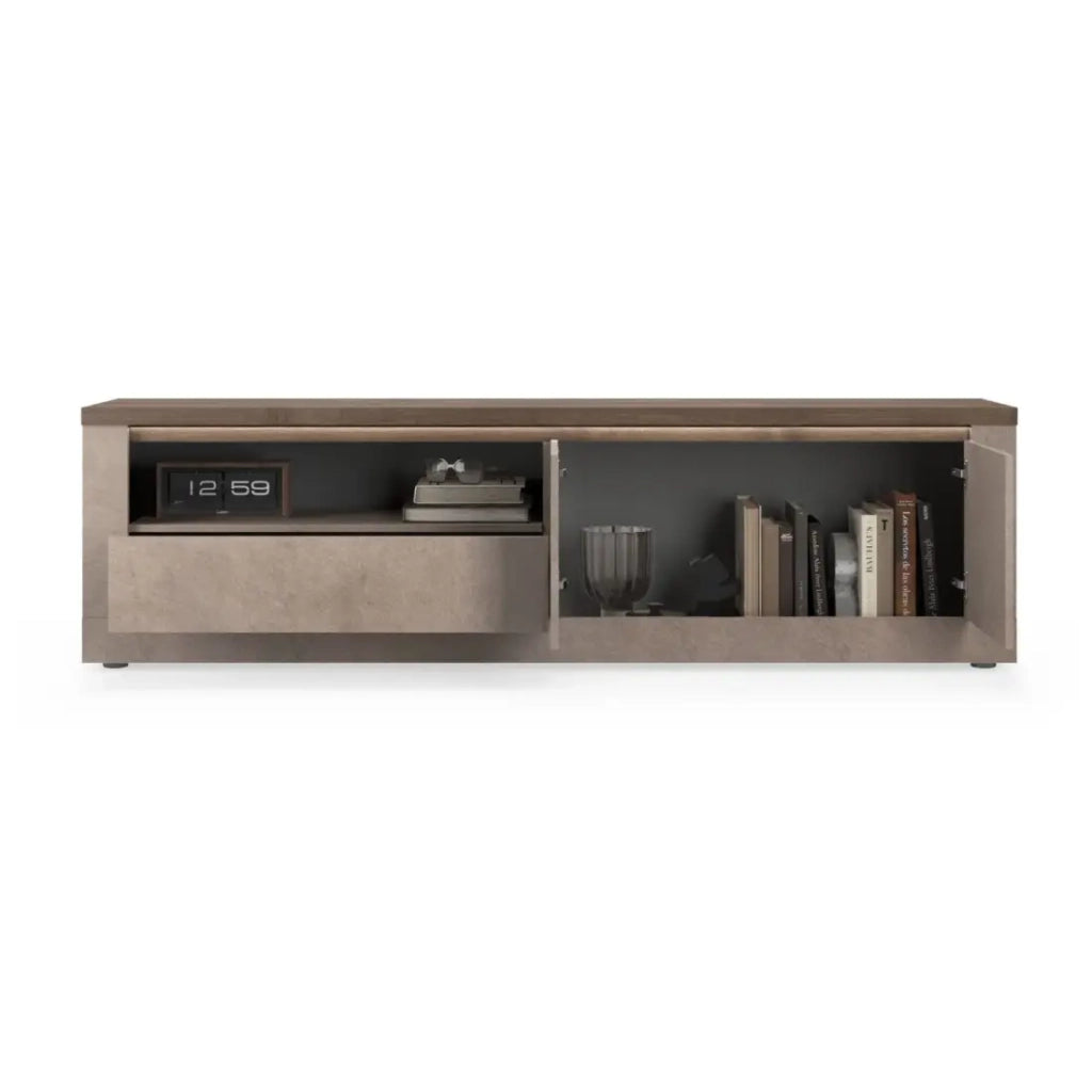 Mobile TV SASHA – 2 porte, 1 cassetto e 1 vano con LED – Bronzo e piano in legno Mercurio
