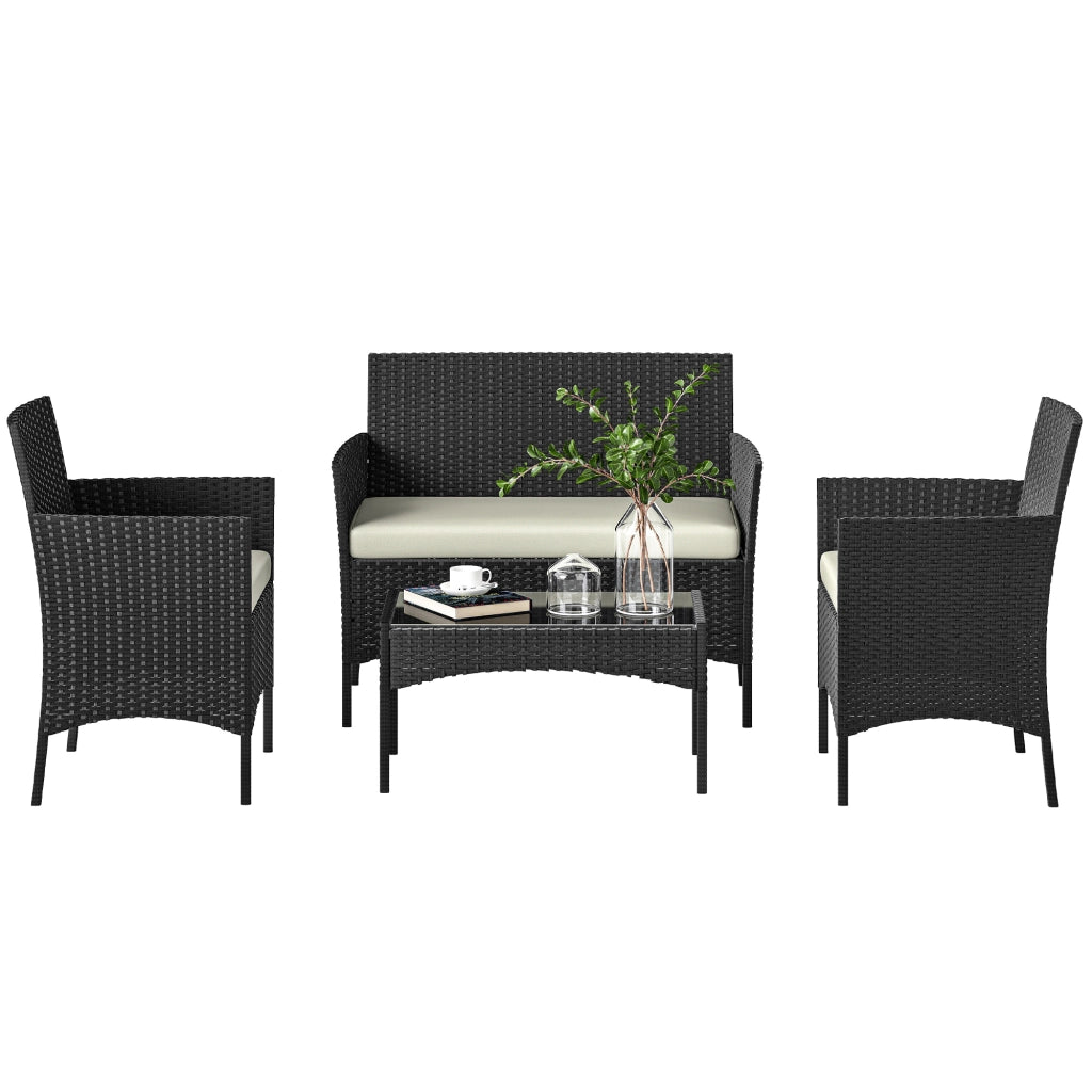 Set Divano Giardino in Polyrattan con Tavolino Vetro e Cuscini ¨C Zephmum ¨C Nero e Crema