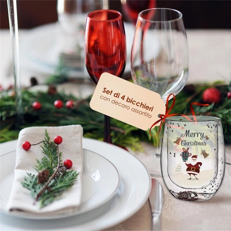 MAURY'S SET 4 BICCHIERI NATALE IN VETRO DOUBLE WALL IN DECORO ASSORTITO CAPIENZA 300 ML L'UNO