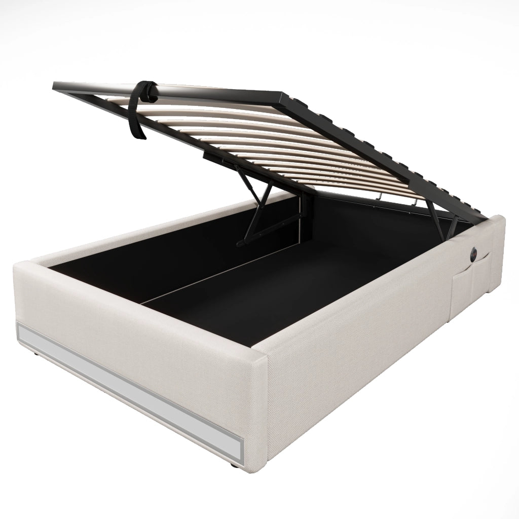 Letto imbottito senza testiera con LED, USB-C e contenitore idraulico, 90x200 cm, beige