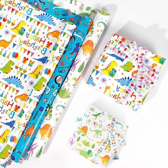 Papier di imballaggio con dinosauro - 3 rulli × 3 m - Papier di imballo per bambini - Confezionamento di regalo