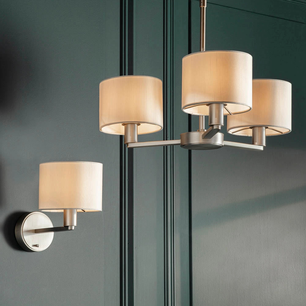 Lampadario 3 luci nichel opaco, paralumi bianco E14