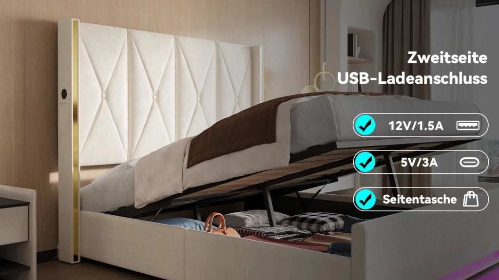 DESMIU Letto contenitore 160 × 200 cm 2 posti con USB e Type-C, LED regolabile, senza materasso, in velluto, beige