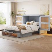 OKWISH Letto a scomparsa 140×200 cm, Letto Matrimoniale con 2 Cassetti, Ante Stile Rattan e Apertura 270°, senza Materasso, Grigio